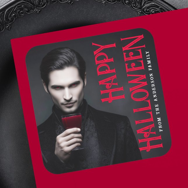 Handsome vampire drinking blood Happy Halloween Square Sticker (Handsome vampire drinking blood Happy Halloween Square Sticker)