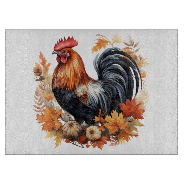 Handsome Watercolor Autumn Rooster Cutting Board (Front)