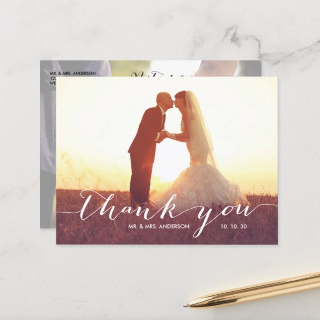 Handwriting 2 Photo Wedding Thank You Postcard (Creator Uploaded)