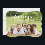 Handwriting Believe Holiday Photo Card 2<br><div class="desc">Send out your Christmas greetings to your friends and family in 2014 using this contemporary holiday photo card with the word "Believe" written in a classic white script font overlay. Design by ELKE CLARKE© FOR MONOGRAM GALLERY. Replace sample photo with your own. Red and white striped background on back of...</div>