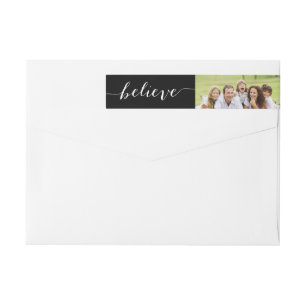 Handwriting Believe Holiday Photo Return Address Wrap Around Label