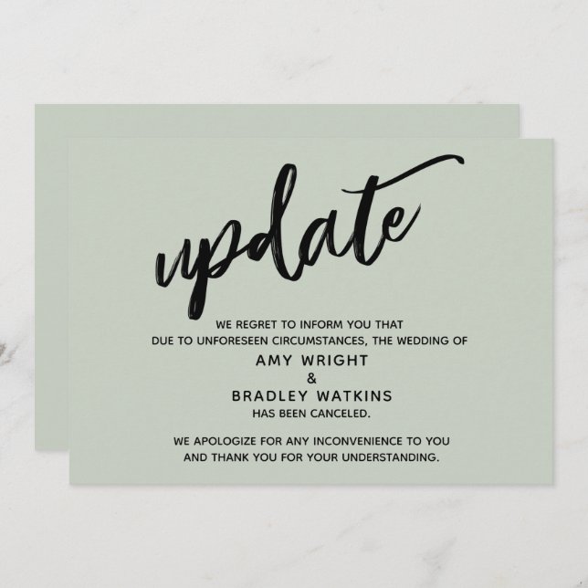 Handwriting Cancelled Wedding Update in Sage Card (Front/Back)