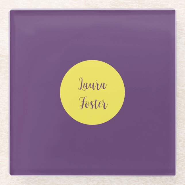 Handwriting Elegant Name Indigo & Yellow Colour Glass Coaster (Front)