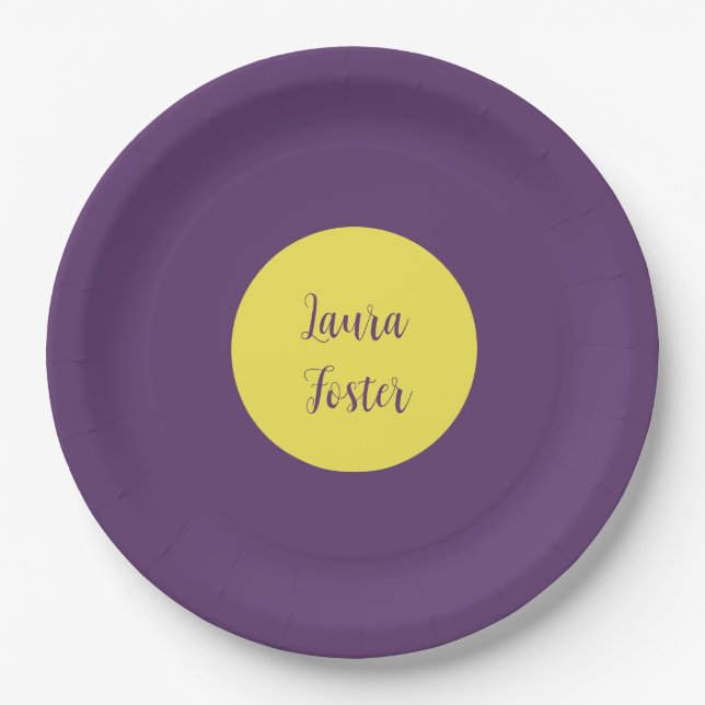 Handwriting Elegant Name Indigo & Yellow Colour Paper Plate (Front)