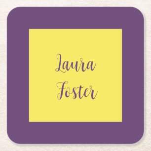 Handwriting Elegant Name Indigo & Yellow Colour Square Paper Coaster