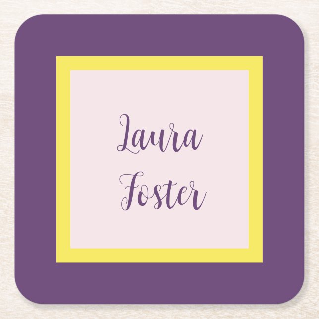 Handwriting Elegant Name Indigo Yellow Rose Quartz Square Paper Coaster (Front)