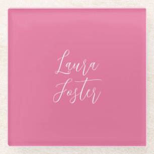 Handwriting Elegant Name Pink Colour Glass Coaster