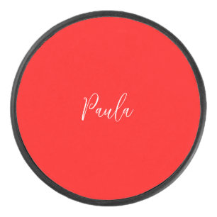 Handwriting Elegant Name Red Colour Plain Hockey Puck