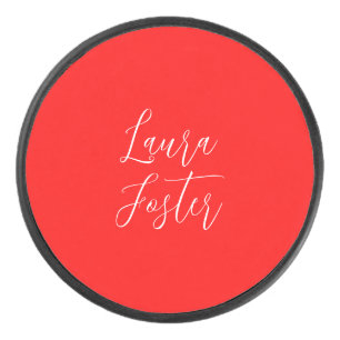 Handwriting Elegant Name Red Colour Plain Hockey Puck