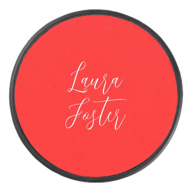 Handwriting Elegant Name Red Colour Plain Hockey Puck (Front)