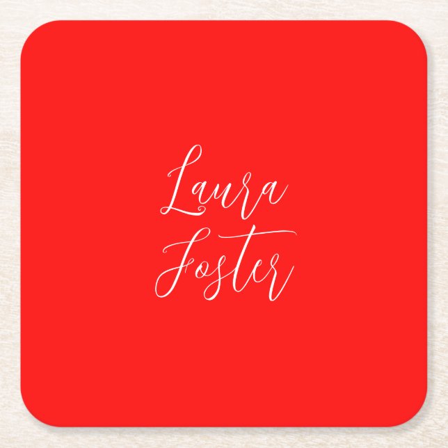 Handwriting Elegant Name Red Colour Plain Square Paper Coaster (Front)