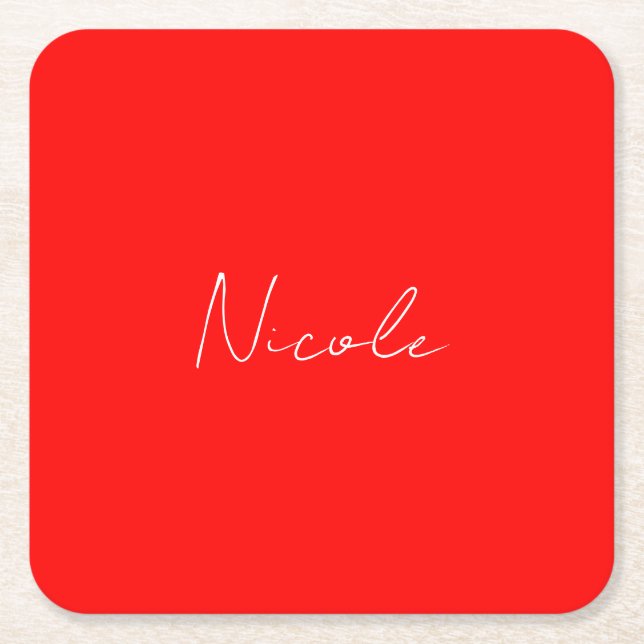 Handwriting Elegant Name Red White Colour Plain Square Paper Coaster (Front)