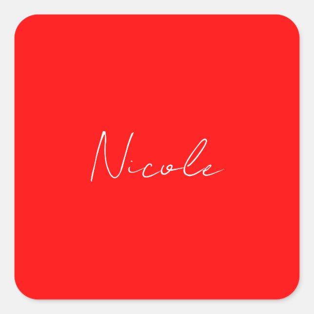 Handwriting Elegant Name Red White Colour Plain Square Sticker (Front)