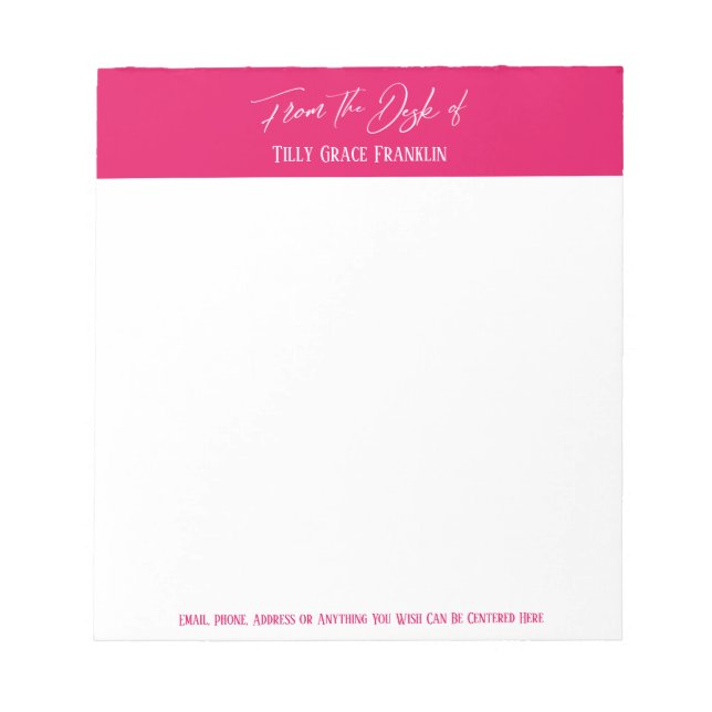 Handwriting From the Desk of Bright Raspberry Pink Notepad (Front)