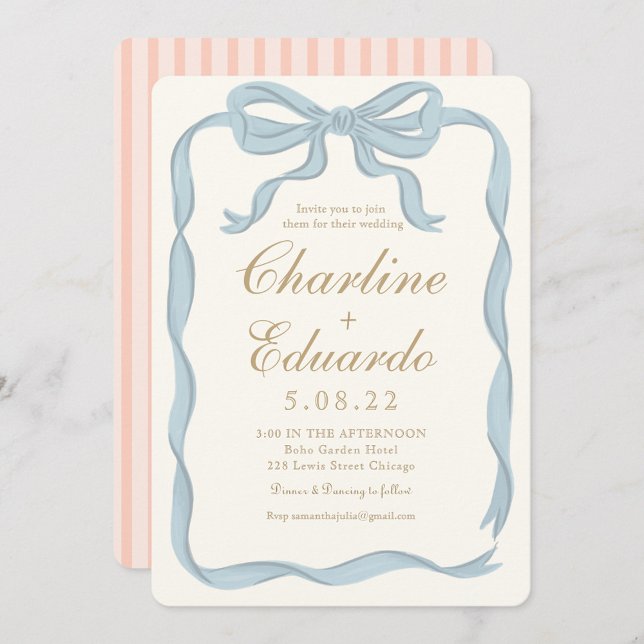 Handwriting Funky Blue  Ribbon Striped  Invitation (Creator Uploaded)