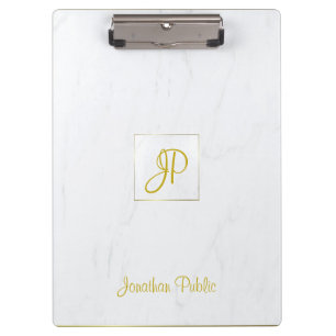 Handwriting Gold Monogram Modern Elegant Marble Clipboard
