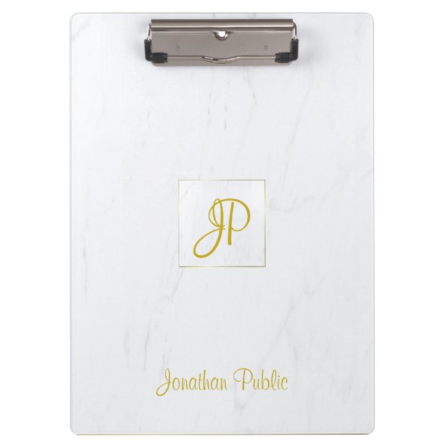 Handwriting Gold Monogram Modern Elegant Marble Clipboard (Front)