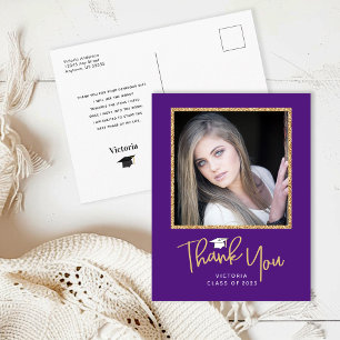Handwriting Gold & Purple Graduation Thank You Postcard