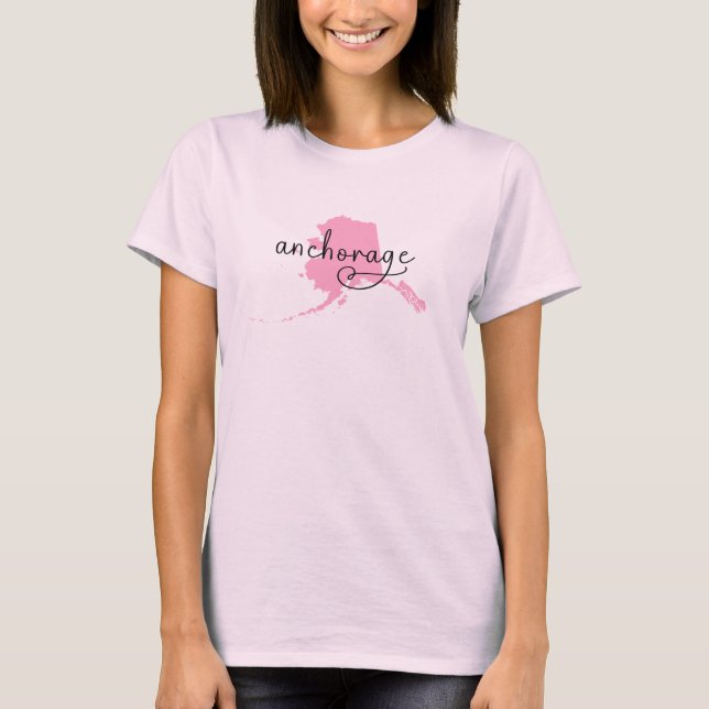 Handwriting Heart Anchorage Alaska in Pink T-Shirt (Front)