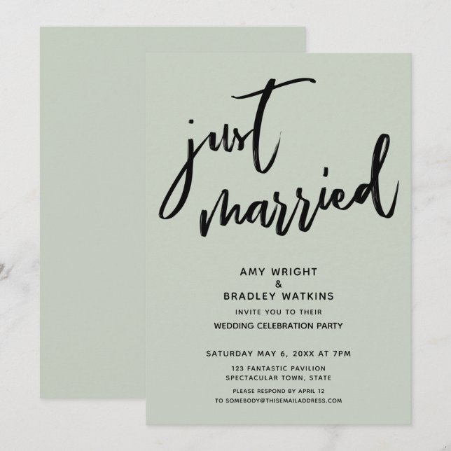 Handwriting Just Married Sage Wedding Reception Invitation (Front/Back)