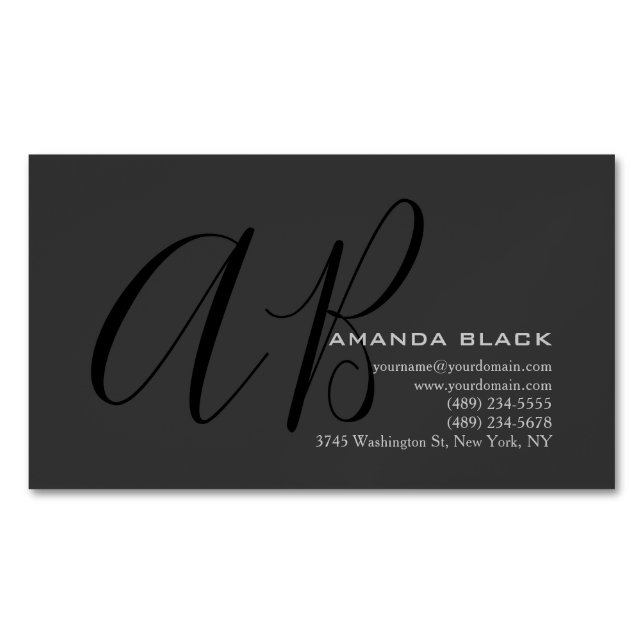 Handwriting Monogram Custom Grey Black Custom  Magnetic Business Card (Front)