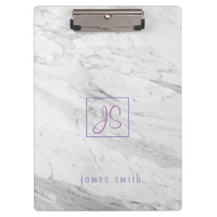 Handwriting Monogram Modern White Marble Clipboard