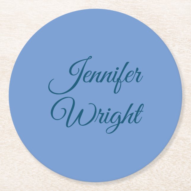 Handwriting Name Classical Plain Blue Round Paper Coaster (Front)