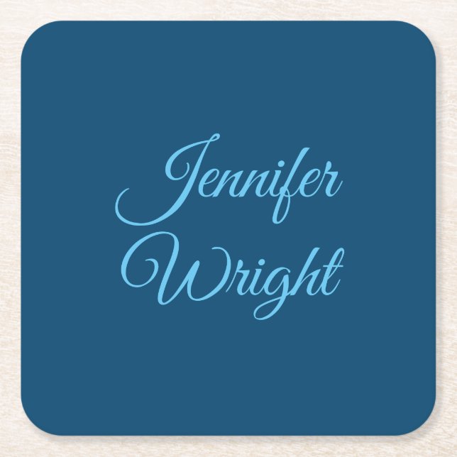 Handwriting Name Classical Plain Indigo Blue Square Paper Coaster (Front)