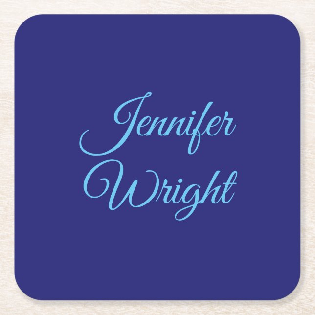 Handwriting Name Classical Plain Midnight Blue Square Paper Coaster (Front)