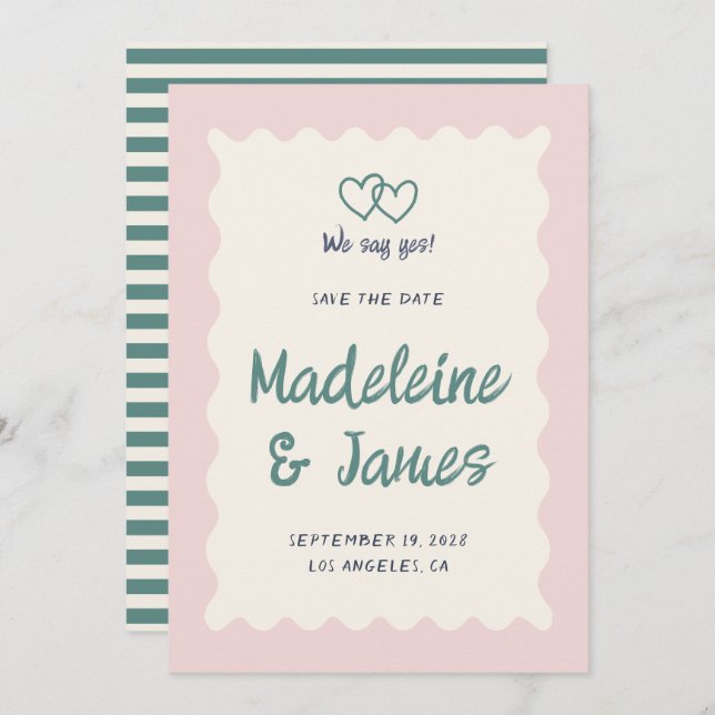 Handwriting Pastel Pink Green Retro Wedding Save The Date (Front/Back)