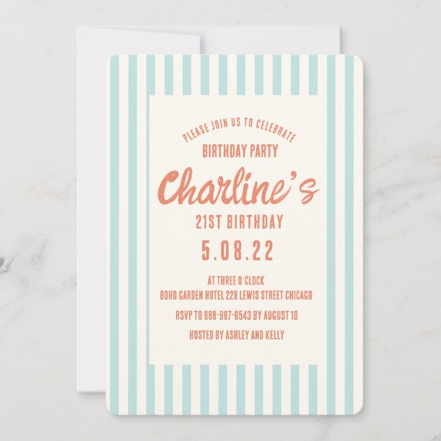 Handwriting Pastel Retro 21St Birthday Party Invitation (Front)