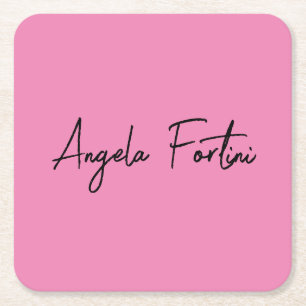 Handwriting Plain Simple Pink Professional Name Square Paper Coaster