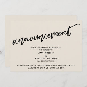 Handwriting Postponed Wedding Cream Announcement