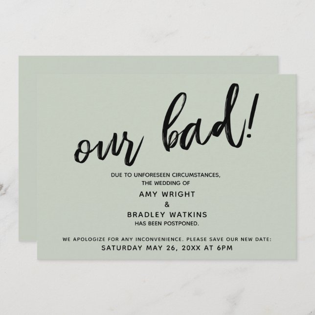Handwriting Postponed Wedding Humour Sage Card (Front/Back)