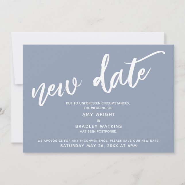 Handwriting Postponed Wedding New Date Dusty Blue Invitation (Front)