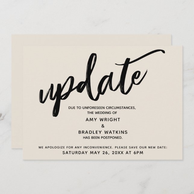 Handwriting Postponed Wedding Update Cream Card (Front/Back)