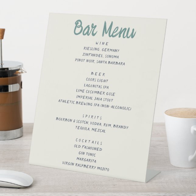 Handwriting Retro Green Blue Wedding Bar Menu Pedestal Sign (In SItu)