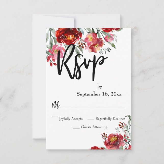 Handwriting RSVP Burgundy Red Fall Flowers Card (Front)