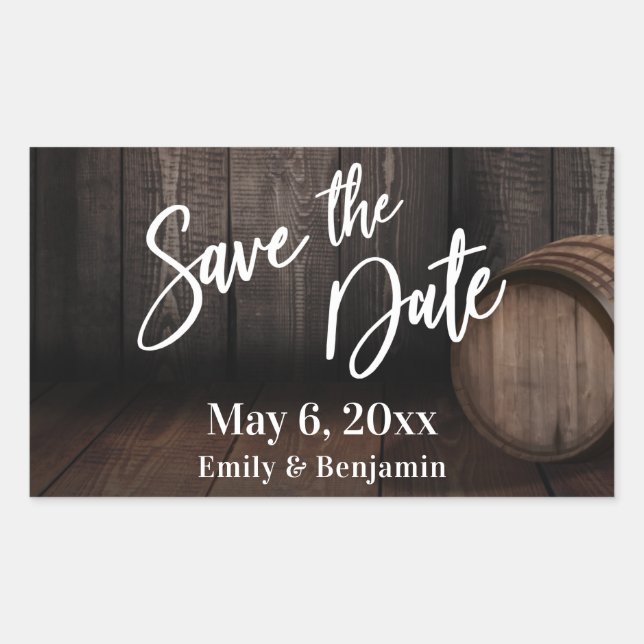 Handwriting Save the Date Brown Wooden Barrel Rectangular Sticker (Front)