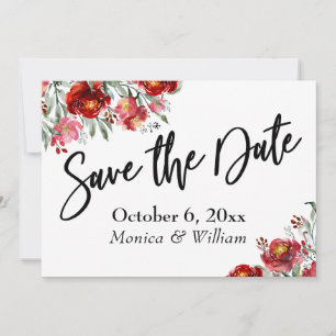 Handwriting Save the Date Burgundy Red Flowers