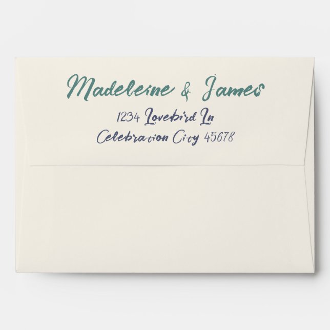 Handwriting Script Beige Blue Green Wedding Envelope (Back (Top Flap))