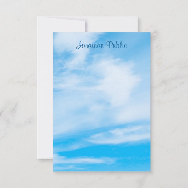 Handwriting Script Name Blue Sky Clouds Template (Front)