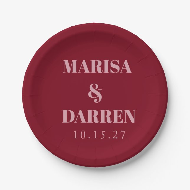 Handwriting Script Red Pink Custom Wedding Paper Plate (Front)