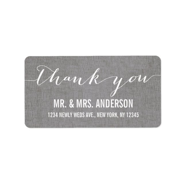 Handwriting Script Wedding Thank You Grey Linen Label (Front)