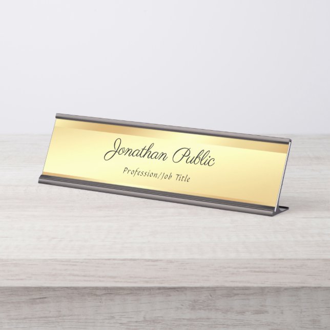 Handwriting Text Elegant Gold Modern Template Desk Name Plate (Front)