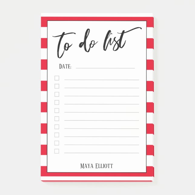 Handwriting To Do List Cherry Red Stripes, Lined Post-it Notes (Front)