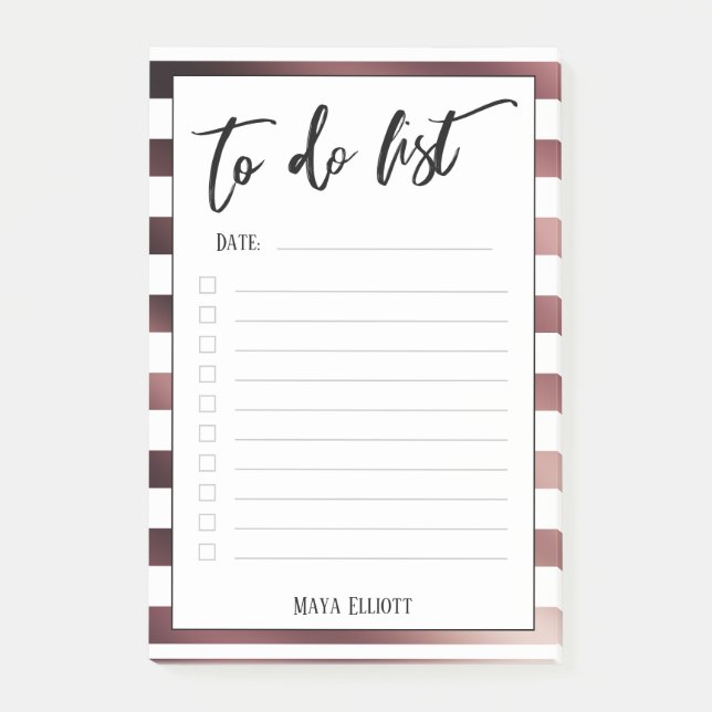 Handwriting To Do List Rose Gold White Stripes Post-it Notes (Front)