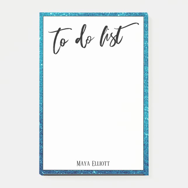 Handwriting To Do List Teal Glitter Border, Name Post-it Notes (Front)