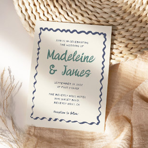Handwriting Wavy Frame Green Blue Retro Wedding Invitation