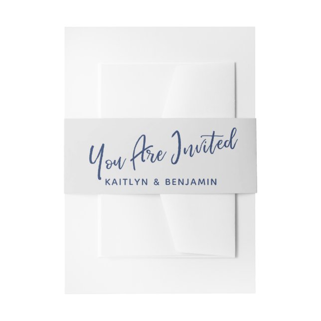 Handwriting You Are Invited Navy & Grey Invitation Belly Band (Front Example)